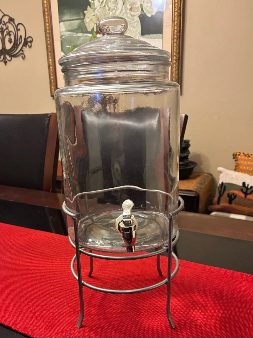 Glass Beverage Dispenser with Silver Gray Metal Stand - Clear